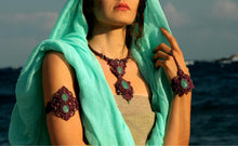 Load image into Gallery viewer, Handmade Amazonite Gemstone Macrame Sea Priestess Mermaid Necklace Armlet and Ring Bracelet Set