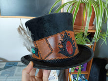 Load image into Gallery viewer, Unique Upcycled Leather Red Jasper Turquoise Gemstone Macrame Buzzard Feather TopHat