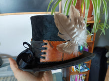 Load image into Gallery viewer, Unique Upcycled Leather Red Jasper Turquoise Gemstone Macrame Buzzard Feather TopHat