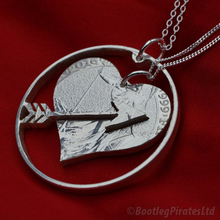 Load image into Gallery viewer, Heart and Arrow Hand Cut Coin: Two Part Friendship Pendant.