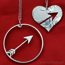 Load image into Gallery viewer, Heart and Arrow Hand Cut Coin: Two Part Friendship Pendant.
