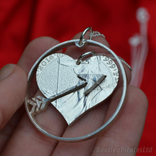 Load image into Gallery viewer, Heart and Arrow Hand Cut Coin: Two Part Friendship Pendant.