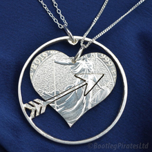 Load image into Gallery viewer, Heart and Arrow Hand Cut Coin: Two Part Friendship Pendant.