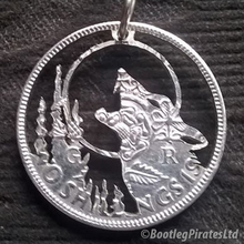 Load image into Gallery viewer, Howling Wolf at Moon, Hand Cut Coin Pendant.