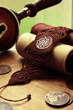 Load image into Gallery viewer, Celtic Knot Design Handcut Coin Macrame Cuff Bracelet