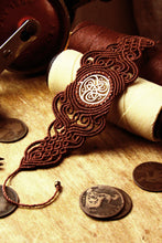 Load image into Gallery viewer, Celtic Knot Design Handcut Coin Macrame Cuff Bracelet