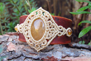 "VENUS" Yellow Aventurine Gemstone Leather & Macrame Cuff Bracelet