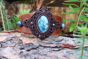 "HECATE" Azurite-Shattuckite Crystal Leather & Macrame Cuff Bracelet