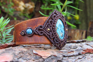 "HECATE" Azurite-Shattuckite Crystal Leather & Macrame Cuff Bracelet