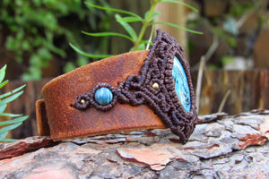 "HECATE" Azurite-Shattuckite Crystal Leather & Macrame Cuff Bracelet