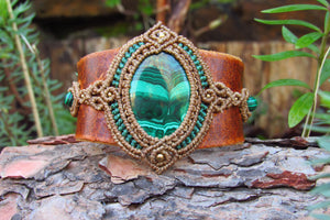 "HERA" Goddess Malachite Leather & Macrame Cuff Bracelet