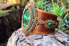 Load image into Gallery viewer, &quot;HERA&quot; Goddess Malachite Leather &amp; Macrame Cuff Bracelet
