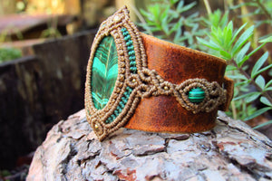 "HERA" Goddess Malachite Leather & Macrame Cuff Bracelet