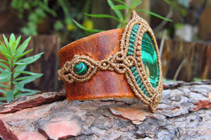 "HERA" Goddess Malachite Leather & Macrame Cuff Bracelet