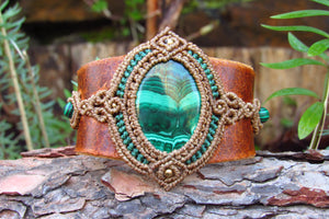 "HERA" Goddess Malachite Leather & Macrame Cuff Bracelet