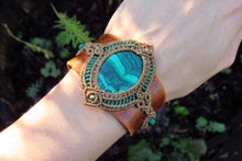 Load image into Gallery viewer, &quot;HERA&quot; Goddess Malachite Leather &amp; Macrame Cuff Bracelet
