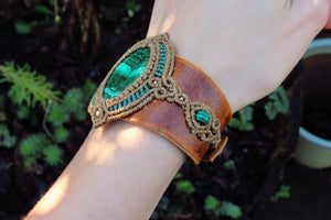 "HERA" Goddess Malachite Leather & Macrame Cuff Bracelet