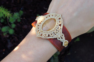 "VENUS" Yellow Aventurine Gemstone Leather & Macrame Cuff Bracelet