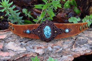 "HECATE" Azurite-Shattuckite Crystal Leather & Macrame Cuff Bracelet