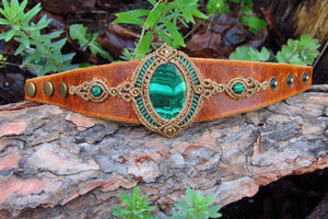 "HERA" Goddess Malachite Leather & Macrame Cuff Bracelet