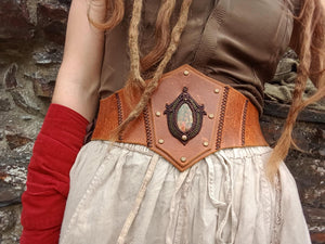 Handmade Up-cycled Leather Unakite Jasper Gemstone Macrame Corset Belt