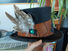 Load image into Gallery viewer, Unique Upcycled Leather Red Jasper Turquoise Gemstone Macrame Buzzard Feather TopHat
