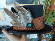 Load image into Gallery viewer, Unique Upcycled Leather Red Jasper Turquoise Gemstone Macrame Buzzard Feather TopHat
