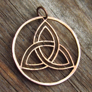 Triquetra Celtic Symbol, Hand Cut Coin Pendant.