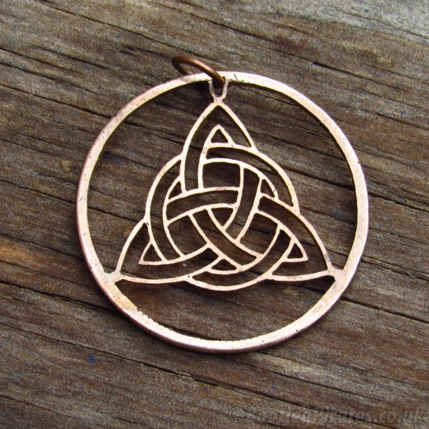 Triskelion Celtic Knot, Hand Cut Coin Pendant.