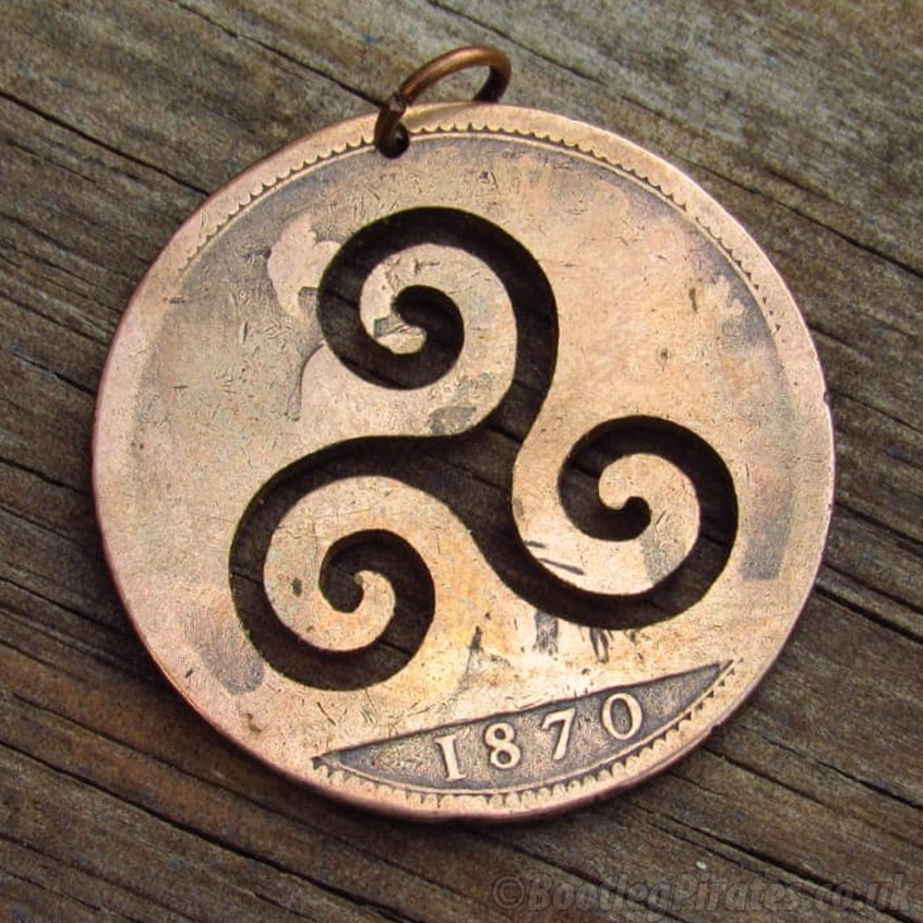 Inverted Triskelion Celtic Knot, Hand Cut Coin.