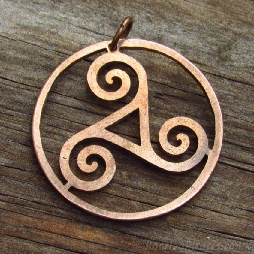 Triskelion Celtic Knot, Hand Cut Coin Pendant.