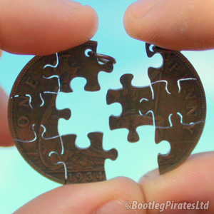 Puzzle Hand Cut Coin: Two Part Friendship Pendant.