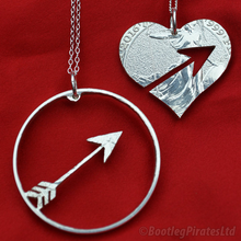 Load image into Gallery viewer, Heart and Arrow Hand Cut Coin: Two Part Friendship Pendant.
