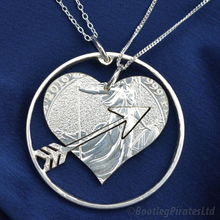 Load image into Gallery viewer, Heart and Arrow Hand Cut Coin: Two Part Friendship Pendant.
