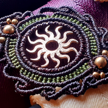Load image into Gallery viewer, Purple and Green Macramé Sun Necklace.
