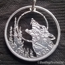 Load image into Gallery viewer, Howling Wolf at Moon, Hand Cut Coin Pendant.
