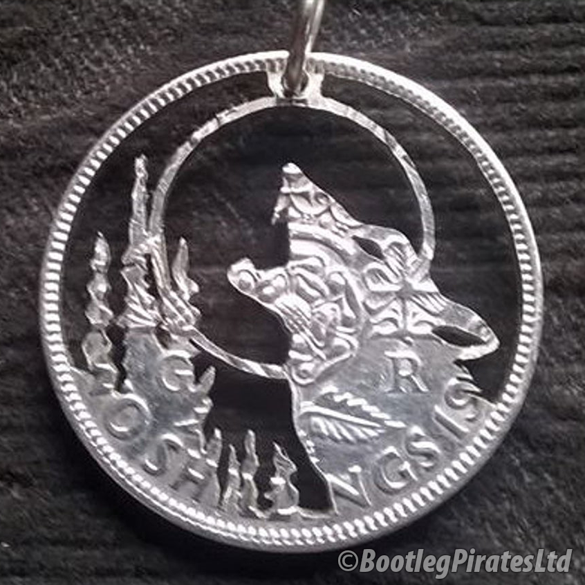 Howling Wolf at Moon, Hand Cut Coin Pendant.