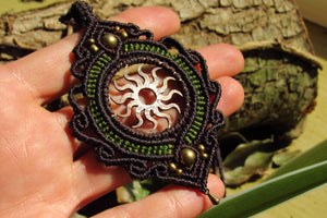 Handcut Sun Coin Macrame Pendant