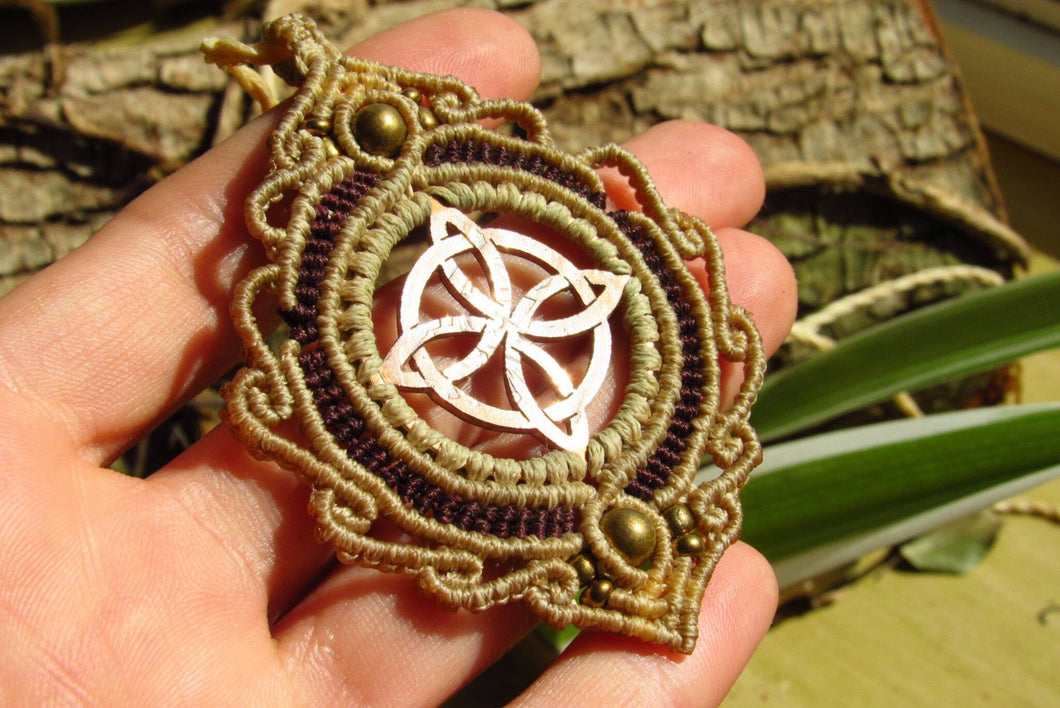 Handcut Celtic Knot Coin Macrame Pendant