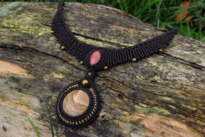 Picture Jasper and Rhodonite Healing Stones Macrame Necklace