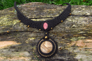 Picture Jasper and Rhodonite Healing Stones Macrame Necklace