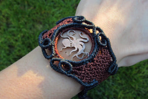 Steampunk Octopus Handcut Coin Design Adjustable Macrame Cuff Bracelet