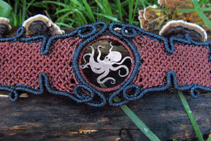 Steampunk Octopus Handcut Coin Design Adjustable Macrame Cuff Bracelet