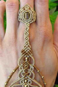Tiger's Eye Semi-precious Gemstone Handmade Beige/Brown Macrame Statement Slave Bracelet and Ring
