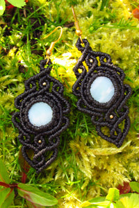 Handmade Amazonite Gemstone Black Macrame Dangle Earrings Brass Hook