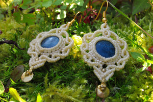 Handmade Apatite Gemstone Beige Macrame Dangle Earrings Brass Hook