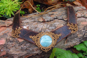 "AMPHITRITE" Aquamarine Gemstone Macrame Leather Warrior Adjustable Statement Necklace